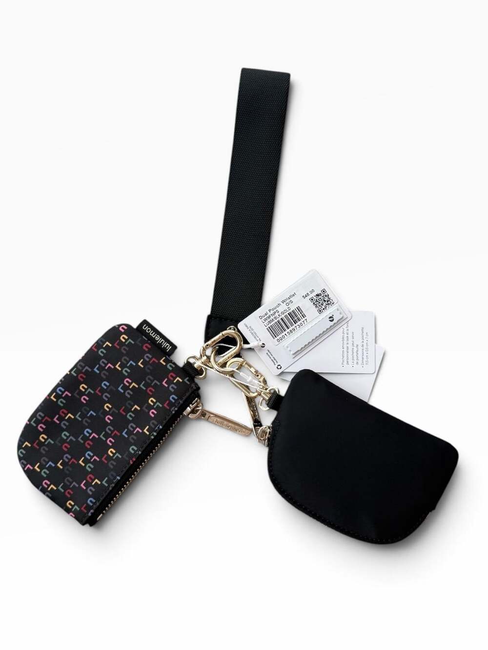 Lululemon Dual Pouch Wristlet Black Multi Wordmark Gold NWT LW9FNPS